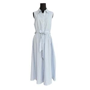 NEW striped seersucker button up shirt dress -belted - blue and white - size M